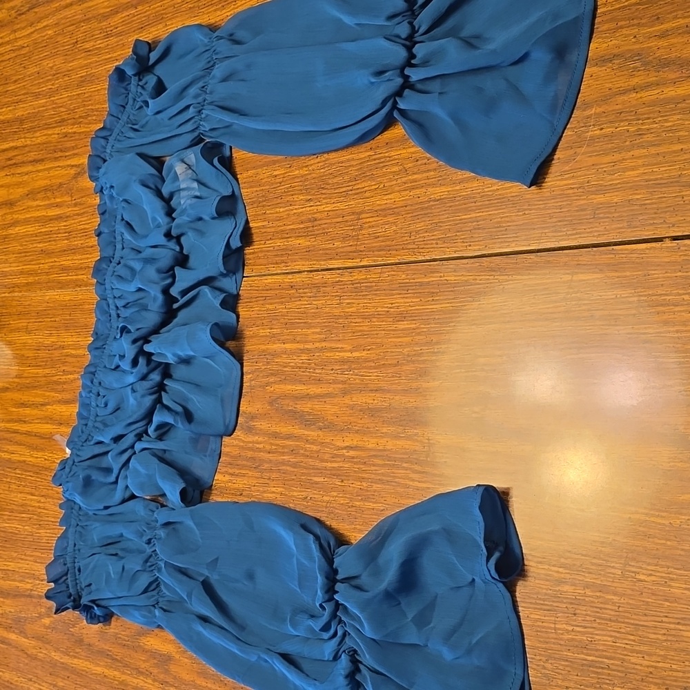 FASHION NOVA off the shoulder blue ruffled crop top